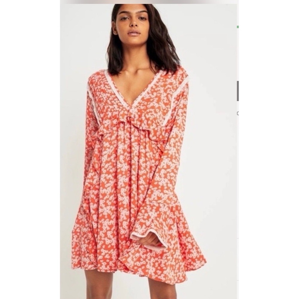 Free People Like You Best Floral Mini Dress Orange Boho Bell Sleeve XS